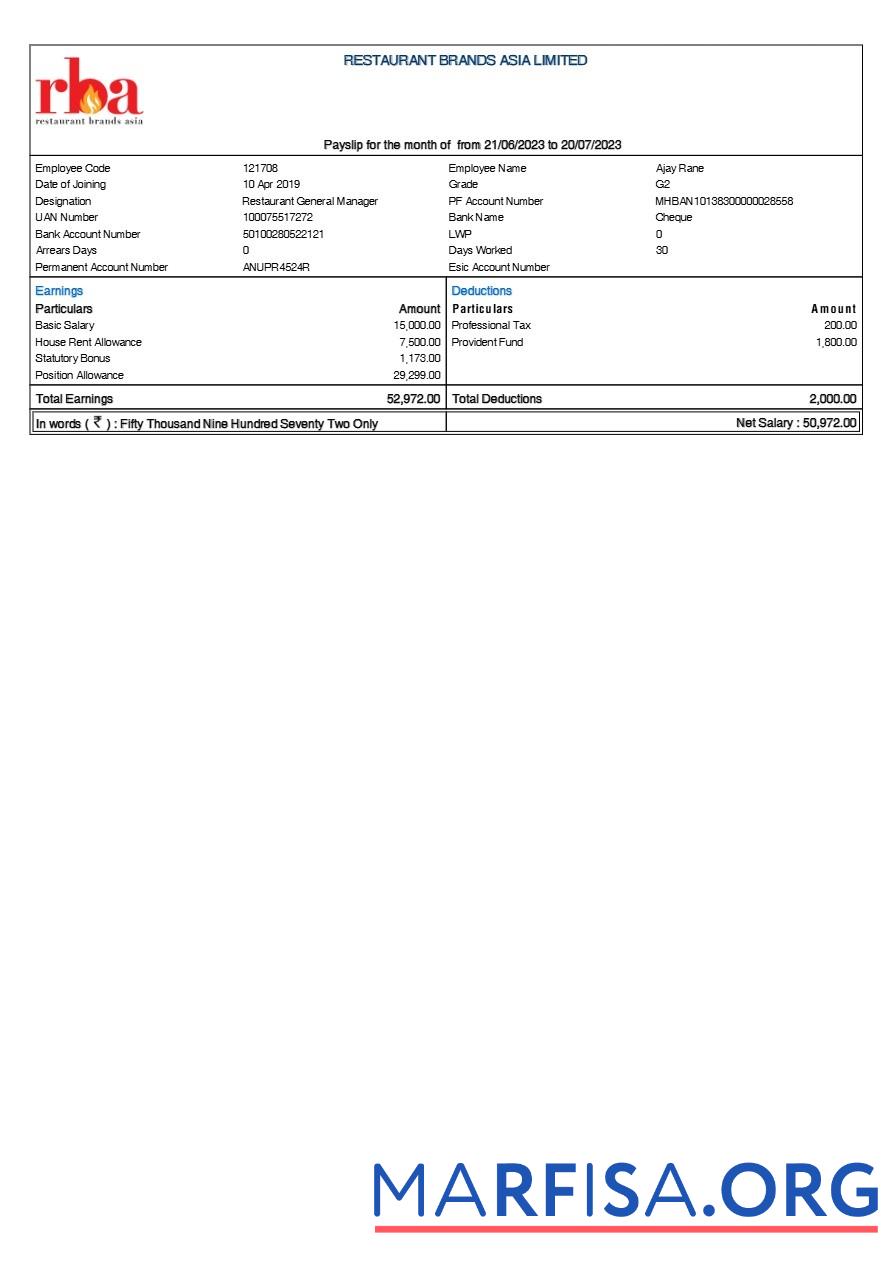 Downloadable Restaurant Brands Asia payslip template